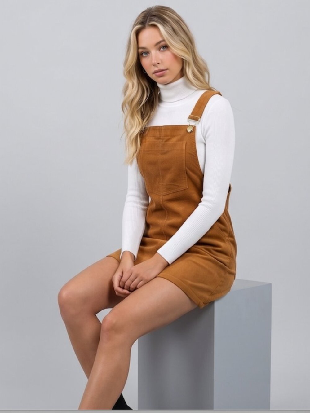 Corduroy Pocket Front Overall Dress Brown - Picture 3 of 7
